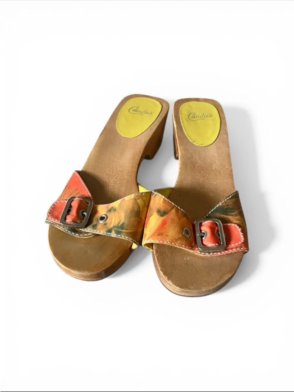 VTG Candie's Woden Orange Hibiscus Print Buckle Strap Slide Clogs